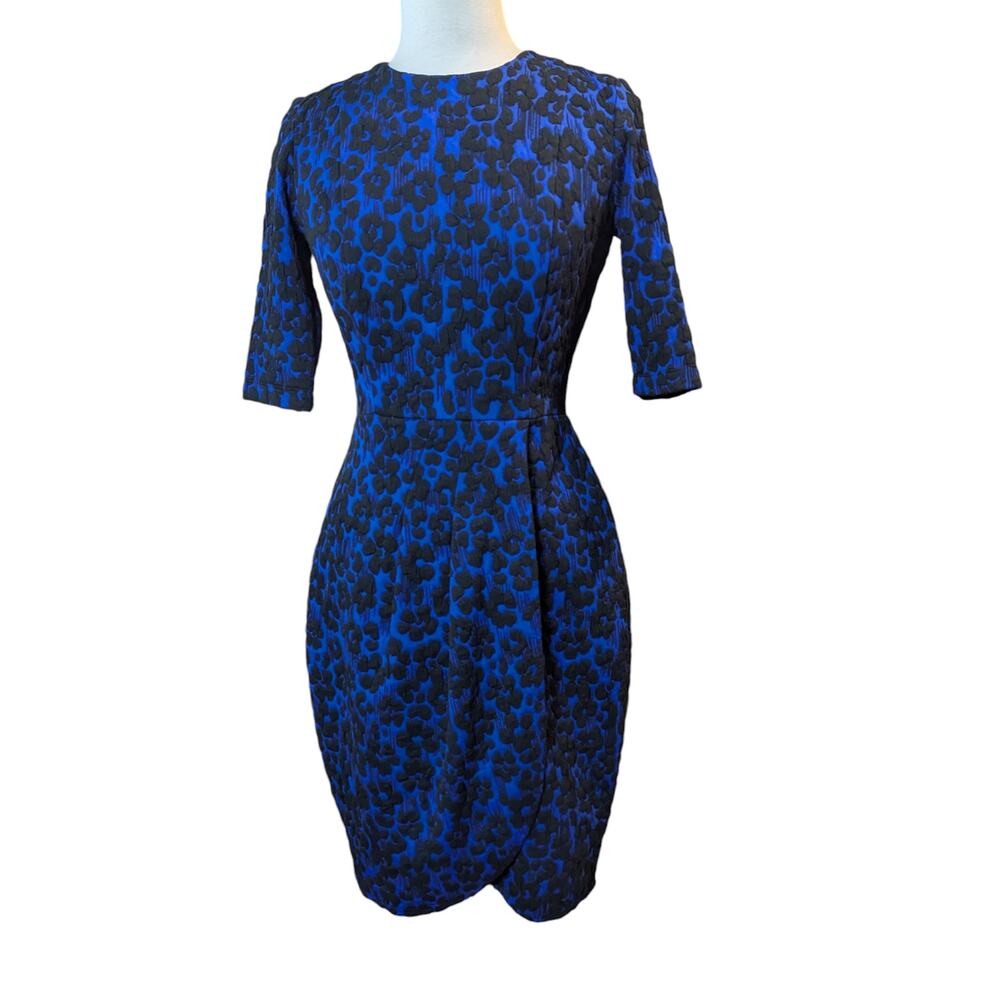 Metaphor sz 6 Black & Royal Blue Floral Midi Tulip Dress Back Zip Stretch